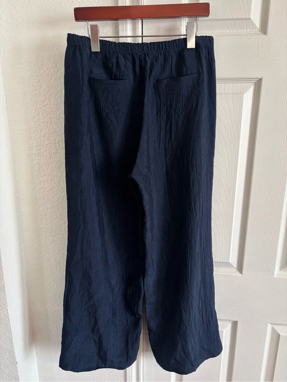 J.Crew High Rise Stratus Wide Leg Pant in Textured Satin Navy Blue Size MP